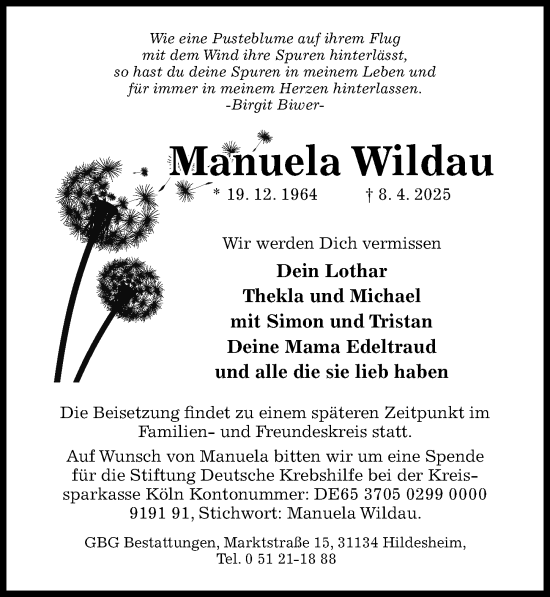 Traueranzeige von Manuela Wildau von Hildesheimer Allgemeine Zeitung