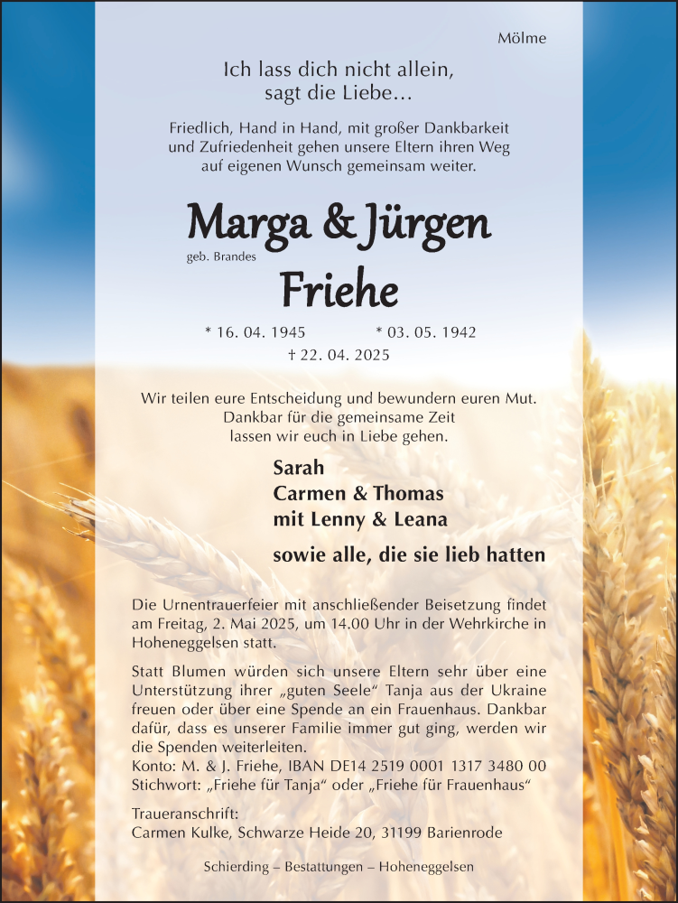  Traueranzeige für Marga Friehe vom 26.04.2025 aus Hildesheimer Allgemeine Zeitung