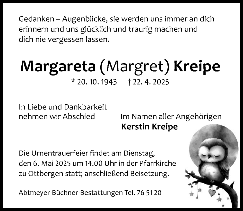  Traueranzeige für Margareta Kreipe vom 30.04.2025 aus Hildesheimer Allgemeine Zeitung