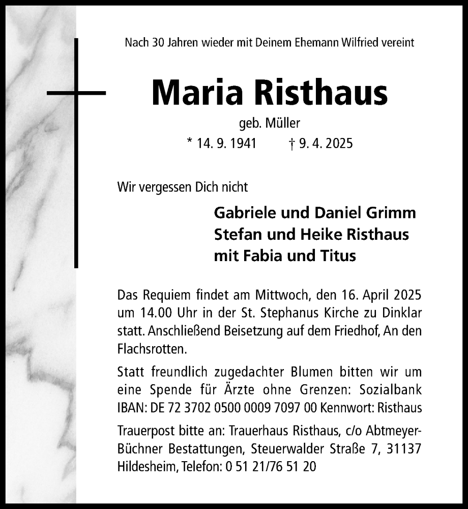  Traueranzeige für Maria Risthaus vom 12.04.2025 aus Hildesheimer Allgemeine Zeitung