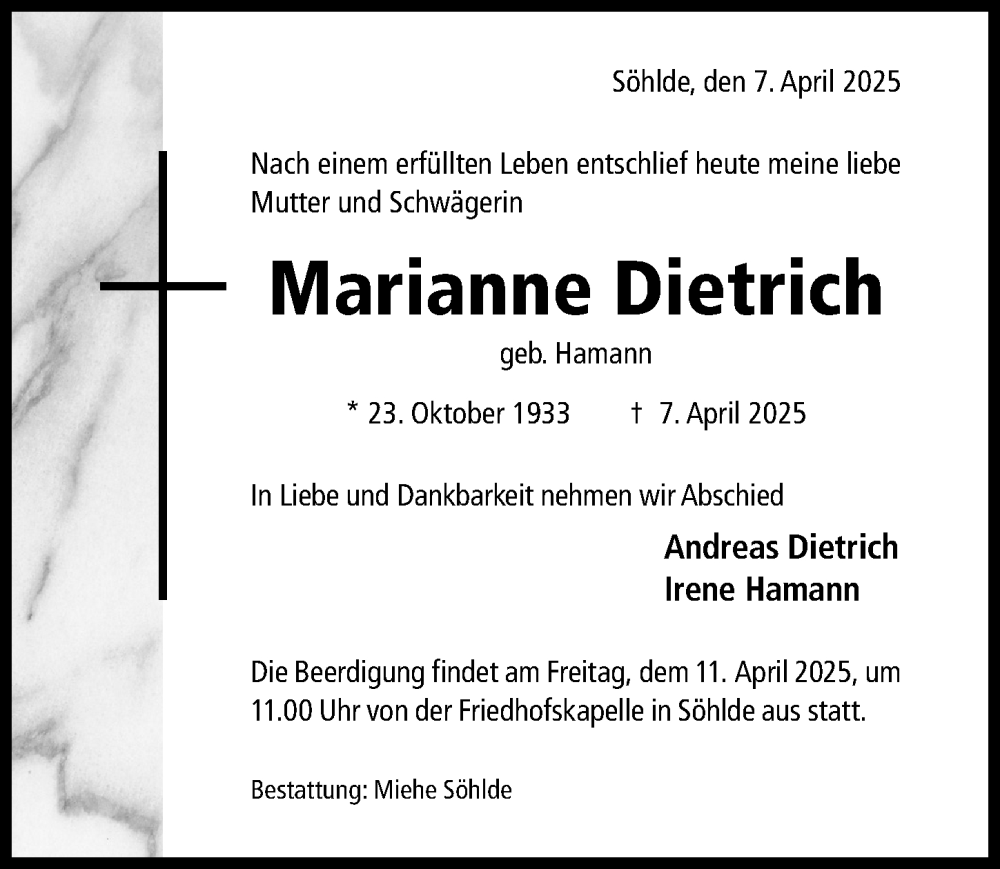 Traueranzeige für Marianne Dietrich vom 09.04.2025 aus Hildesheimer Allgemeine Zeitung