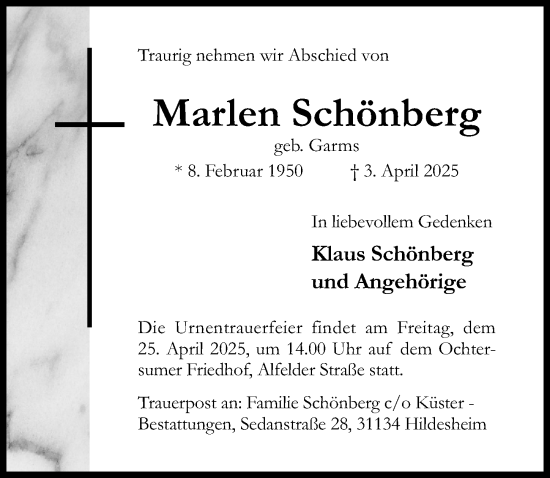 Traueranzeige von Marlen Schönberg von Hildesheimer Allgemeine Zeitung