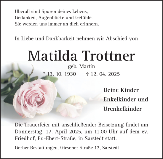 Traueranzeige von Matilda Trottner von Hildesheimer Allgemeine Zeitung
