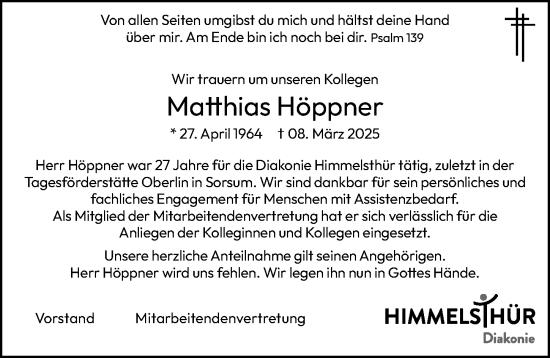 Traueranzeige von Matthias Höppner von Hildesheimer Allgemeine Zeitung