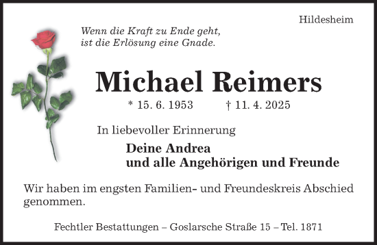 Traueranzeige von Michael Reimers von Hildesheimer Allgemeine Zeitung