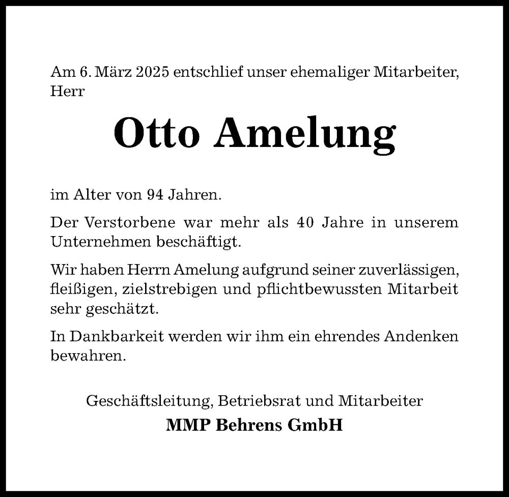  Traueranzeige für Otto Amelung vom 05.04.2025 aus Hildesheimer Allgemeine Zeitung