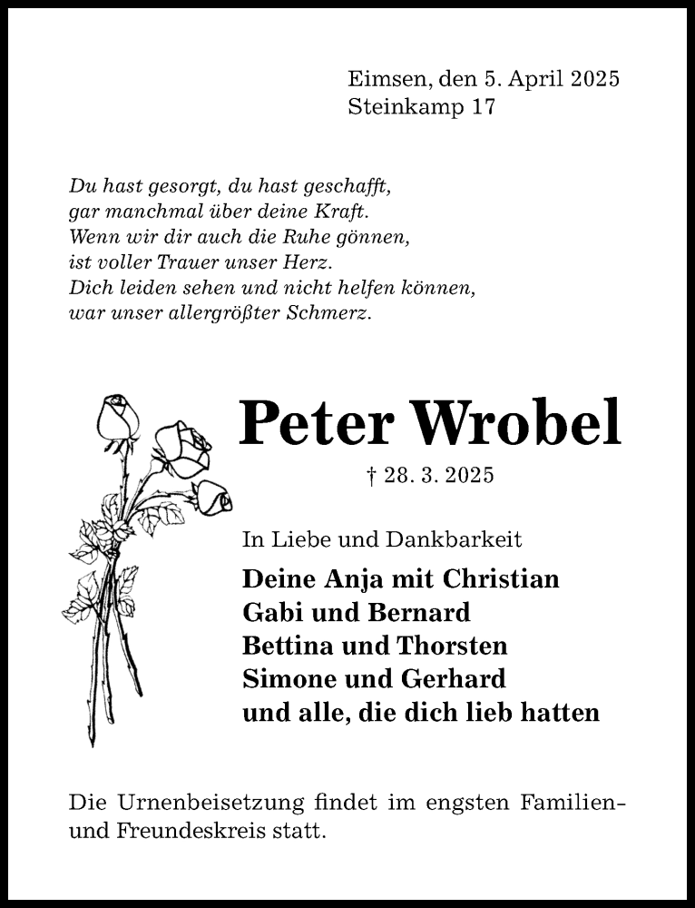  Traueranzeige für Peter Wrobel vom 05.04.2025 aus Hildesheimer Allgemeine Zeitung