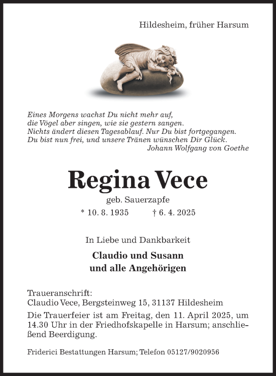 Traueranzeige von Regina Vece von Hildesheimer Allgemeine Zeitung