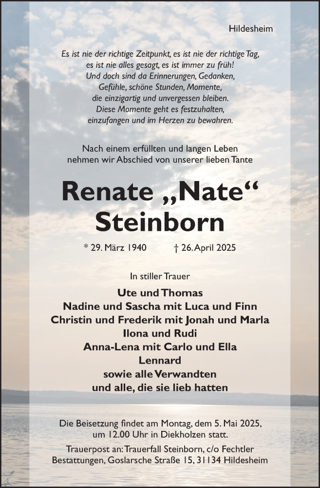  Traueranzeige für Renate Steinborn vom 30.04.2025 aus Hildesheimer Allgemeine Zeitung