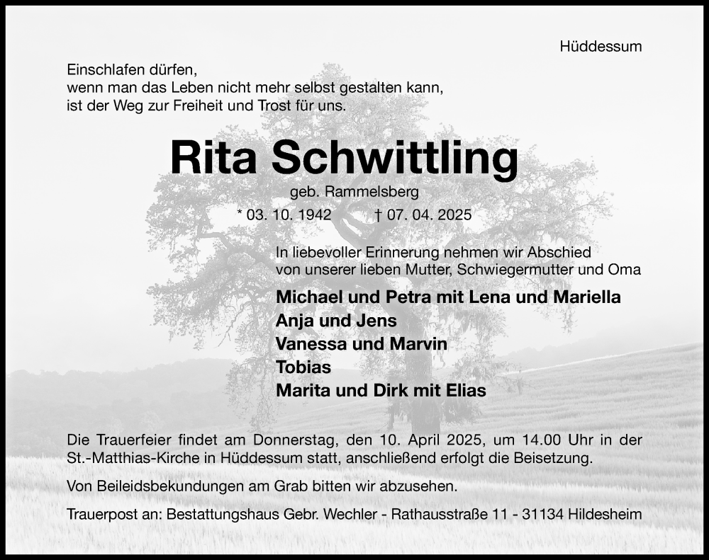  Traueranzeige für Rita Schwittling vom 09.04.2025 aus Hildesheimer Allgemeine Zeitung