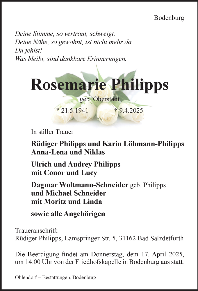  Traueranzeige für Rosemarie Philipps vom 15.04.2025 aus Hildesheimer Allgemeine Zeitung