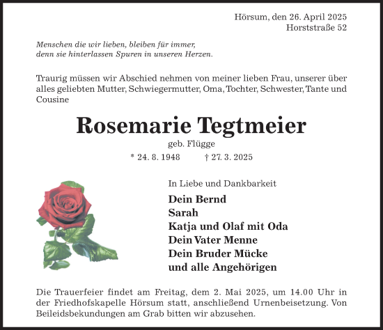 Traueranzeige von Rosemarie Tegtmeier von Hildesheimer Allgemeine Zeitung