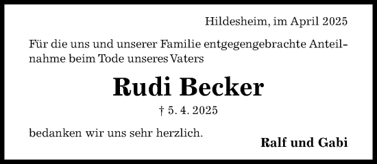 Traueranzeige von Rudi Becker von Hildesheimer Allgemeine Zeitung