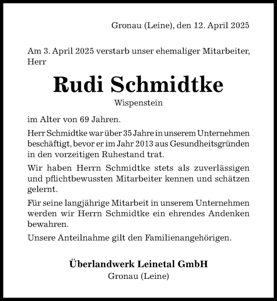 Traueranzeige von Rudi Schmidtke von Hildesheimer Allgemeine Zeitung