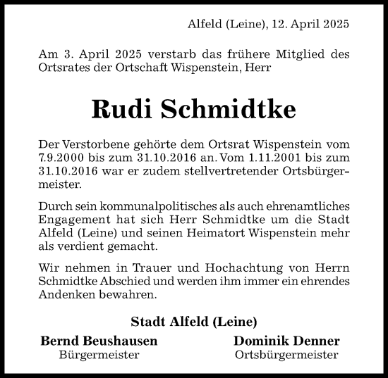 Traueranzeige von Rudi Schmidtke von Hildesheimer Allgemeine Zeitung