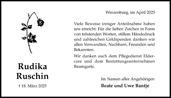 Traueranzeige von Rudika Ruschin von Hildesheimer Allgemeine Zeitung