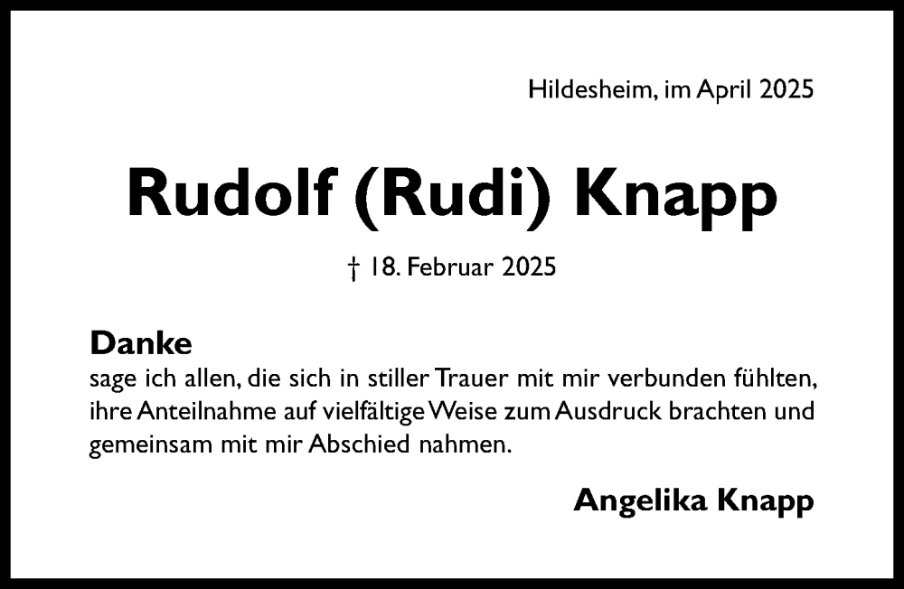  Traueranzeige für Rudolf Knapp vom 05.04.2025 aus Hildesheimer Allgemeine Zeitung