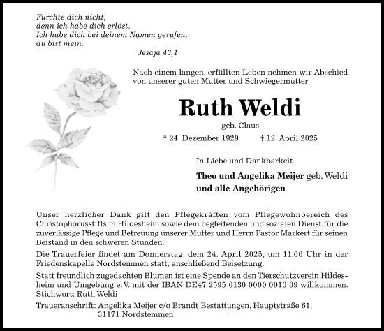 Traueranzeige von Ruth Weldi von Hildesheimer Allgemeine Zeitung