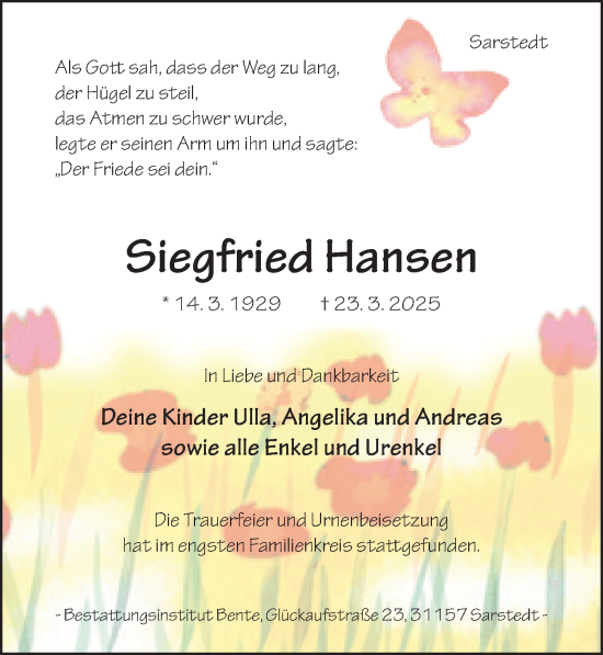 Traueranzeige von Siegfried Hansen von Hildesheimer Allgemeine Zeitung