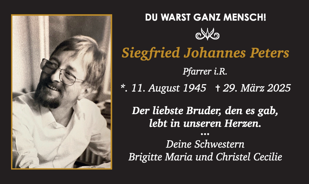  Traueranzeige für Siegfried Johannes Peters vom 09.04.2025 aus Hildesheimer Allgemeine Zeitung