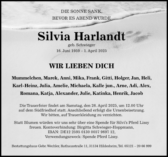 Traueranzeige von Silvia Harlandt von Hildesheimer Allgemeine Zeitung