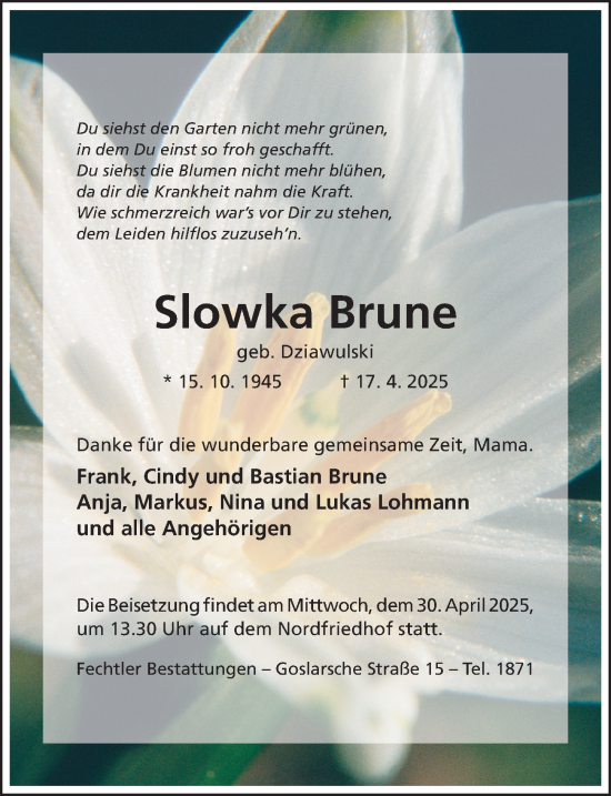 Traueranzeige von Slowka Brune von Hildesheimer Allgemeine Zeitung