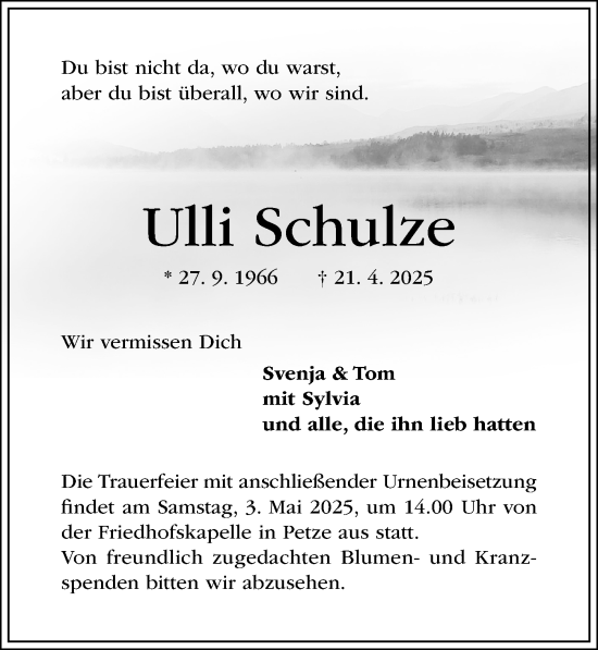 Traueranzeige von Ulli Schulze von Hildesheimer Allgemeine Zeitung