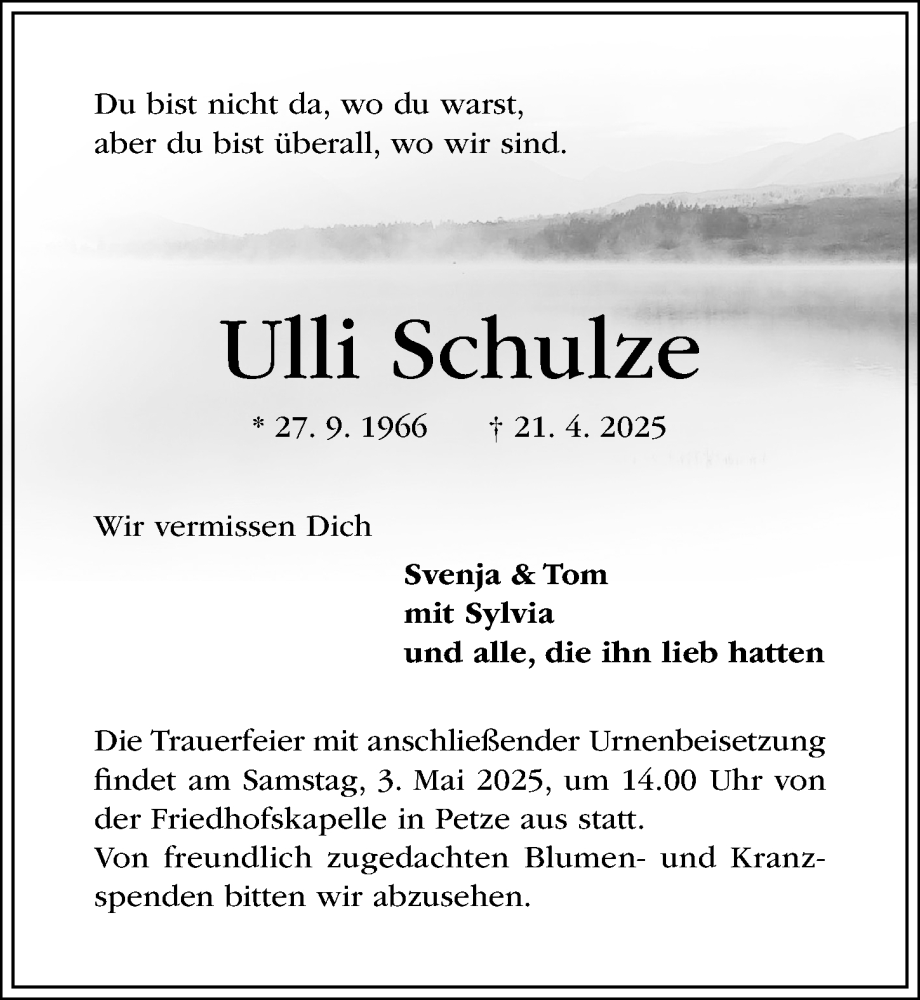  Traueranzeige für Ulli Schulze vom 29.04.2025 aus Hildesheimer Allgemeine Zeitung
