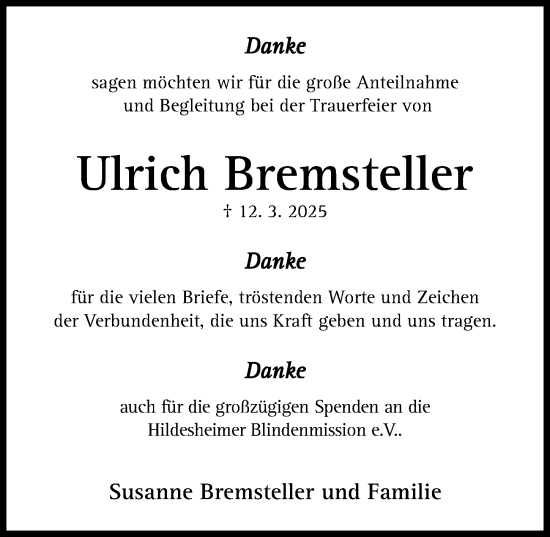 Traueranzeige von Ulrich Bremsteller von Hildesheimer Allgemeine Zeitung
