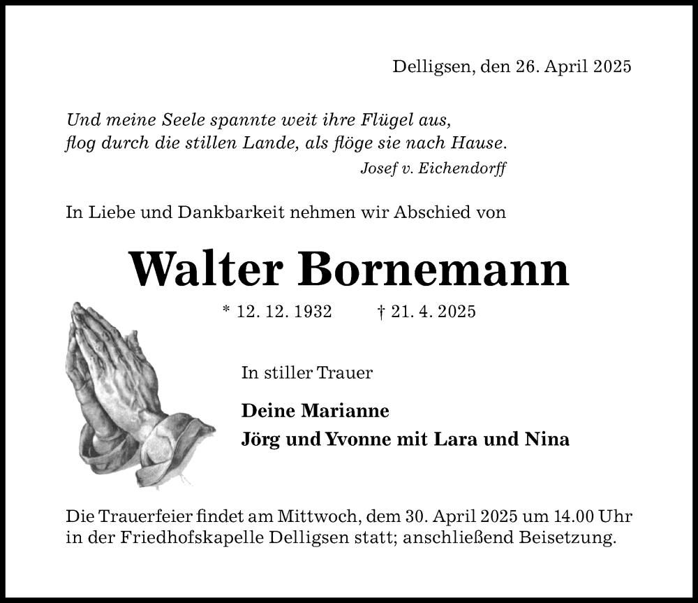  Traueranzeige für Walter Bornemann vom 26.04.2025 aus Hildesheimer Allgemeine Zeitung