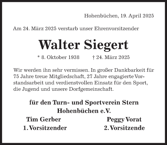 Traueranzeige von Walter Siegert von Hildesheimer Allgemeine Zeitung