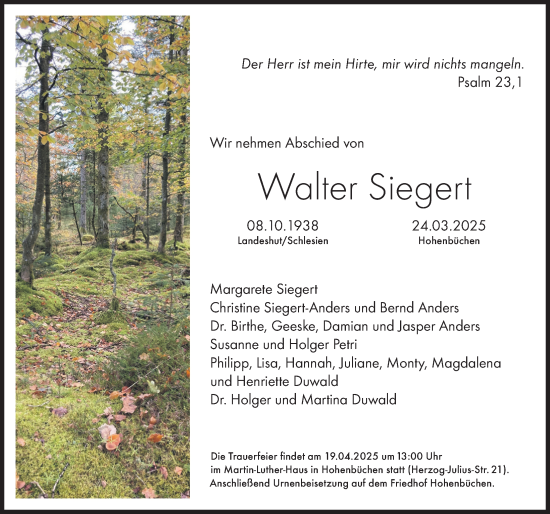 Traueranzeige von Walter Siegert von Hildesheimer Allgemeine Zeitung