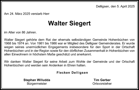 Traueranzeige von Walter Siegert von Hildesheimer Allgemeine Zeitung