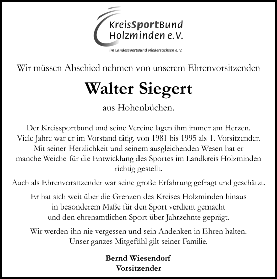 Traueranzeige von Walter Siegert von Hildesheimer Allgemeine Zeitung