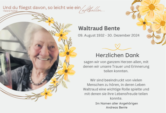 Traueranzeige von Waltraud Bente von Hildesheimer Allgemeine Zeitung