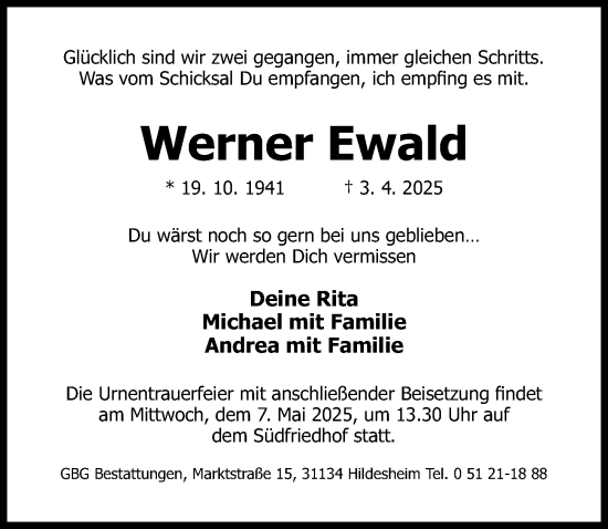 Traueranzeige von Werner Ewald von Hildesheimer Allgemeine Zeitung