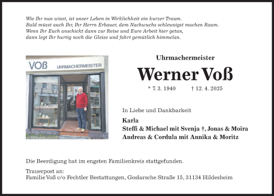 Traueranzeige von Werner Voß von Hildesheimer Allgemeine Zeitung