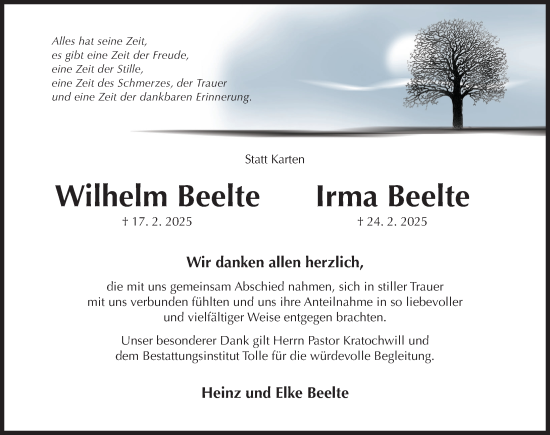 Traueranzeige von Wilhelm Beelte von Hildesheimer Allgemeine Zeitung