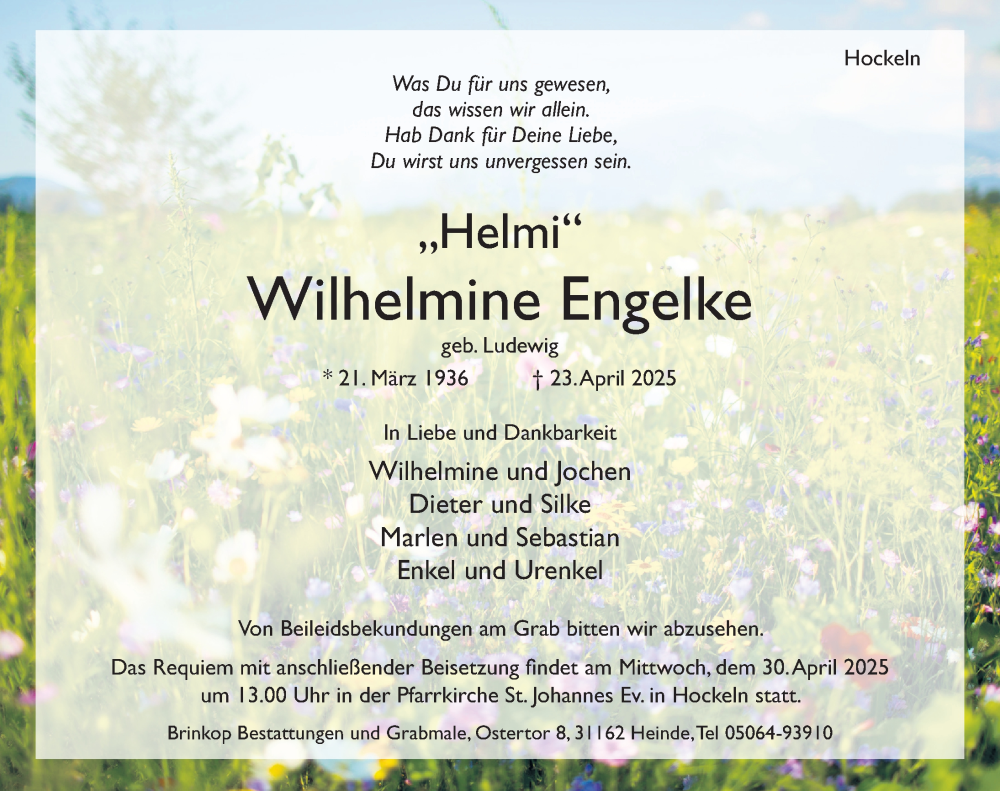  Traueranzeige für Wilhelmine Engelke vom 26.04.2025 aus Hildesheimer Allgemeine Zeitung