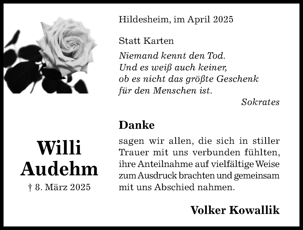 Traueranzeige für Willi Audehm vom 02.04.2025 aus Hildesheimer Allgemeine Zeitung