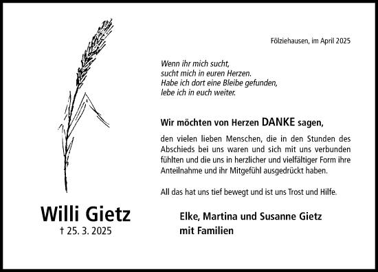 Traueranzeige von Willi Gietz von Hildesheimer Allgemeine Zeitung