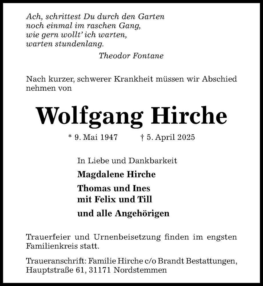  Traueranzeige für Wolfgang Hirche vom 12.04.2025 aus Hildesheimer Allgemeine Zeitung
