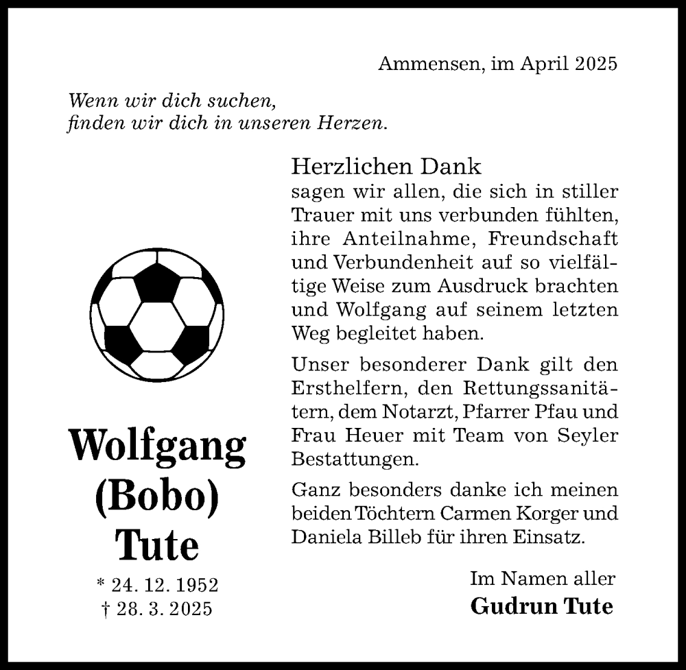  Traueranzeige für Wolfgang Tute vom 19.04.2025 aus Hildesheimer Allgemeine Zeitung