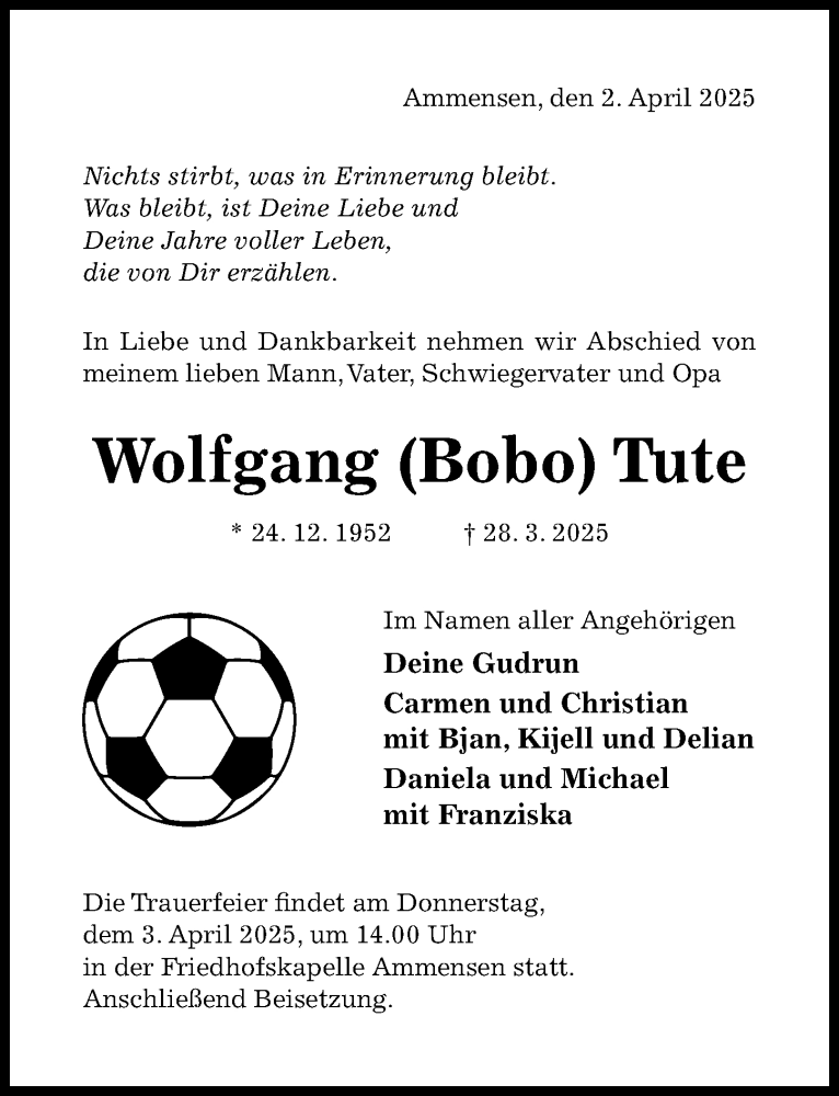  Traueranzeige für Wolfgang Tute vom 02.04.2025 aus Hildesheimer Allgemeine Zeitung