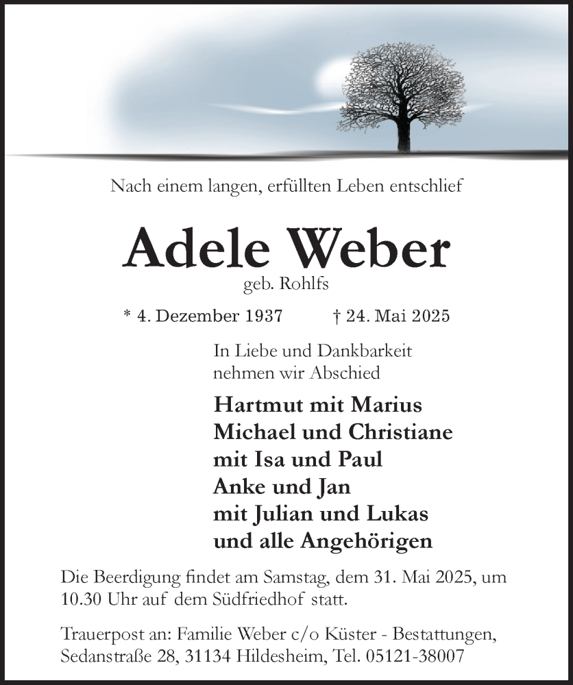  Traueranzeige für Adele Weber vom 28.05.2025 aus Hildesheimer Allgemeine Zeitung