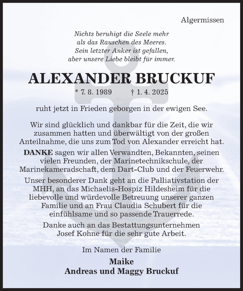  Traueranzeige für Alexander Bruckuf vom 24.05.2025 aus Hildesheimer Allgemeine Zeitung