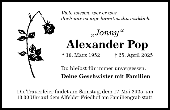 Traueranzeige von Alexander Pop von Hildesheimer Allgemeine Zeitung