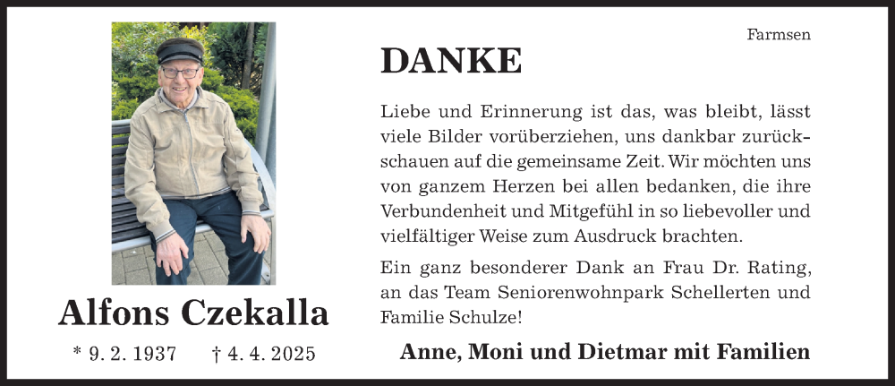  Traueranzeige für Alfons Czekalla vom 03.05.2025 aus Hildesheimer Allgemeine Zeitung