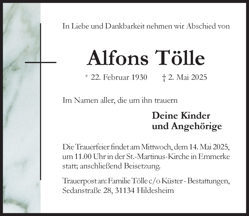  Traueranzeige für Alfons Tölle vom 07.05.2025 aus Hildesheimer Allgemeine Zeitung
