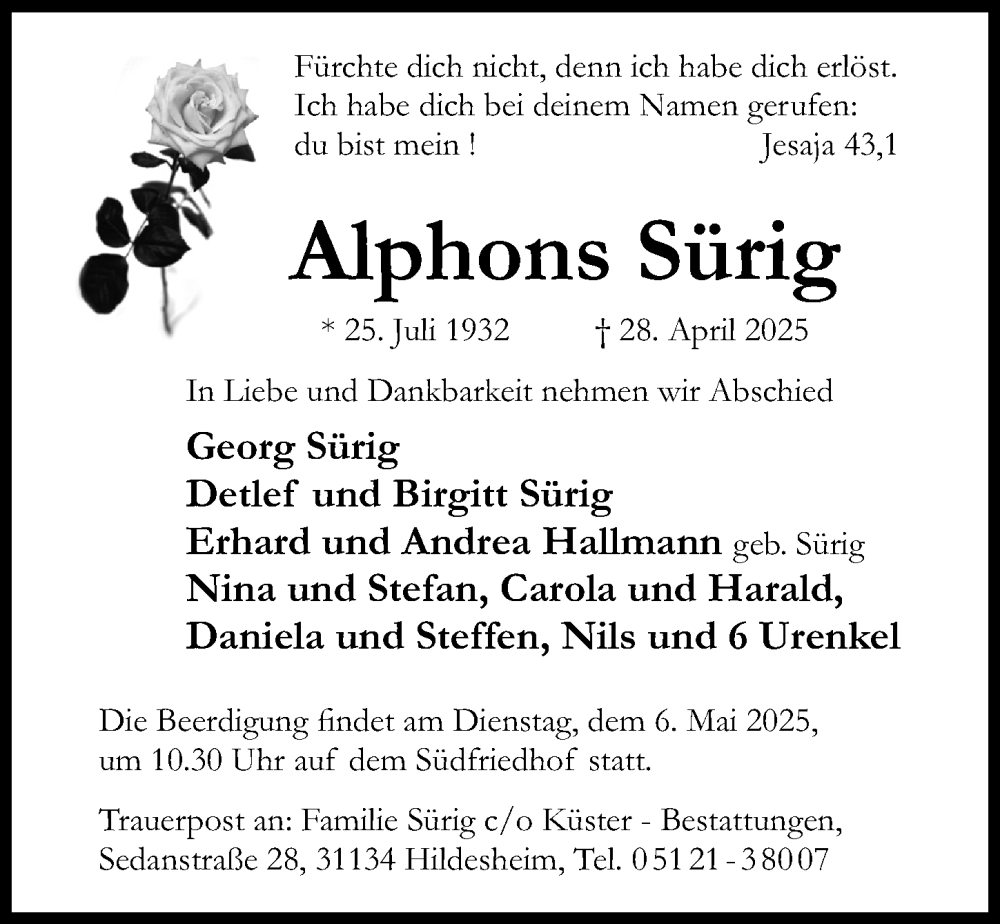  Traueranzeige für Alphons Sürig vom 03.05.2025 aus Hildesheimer Allgemeine Zeitung